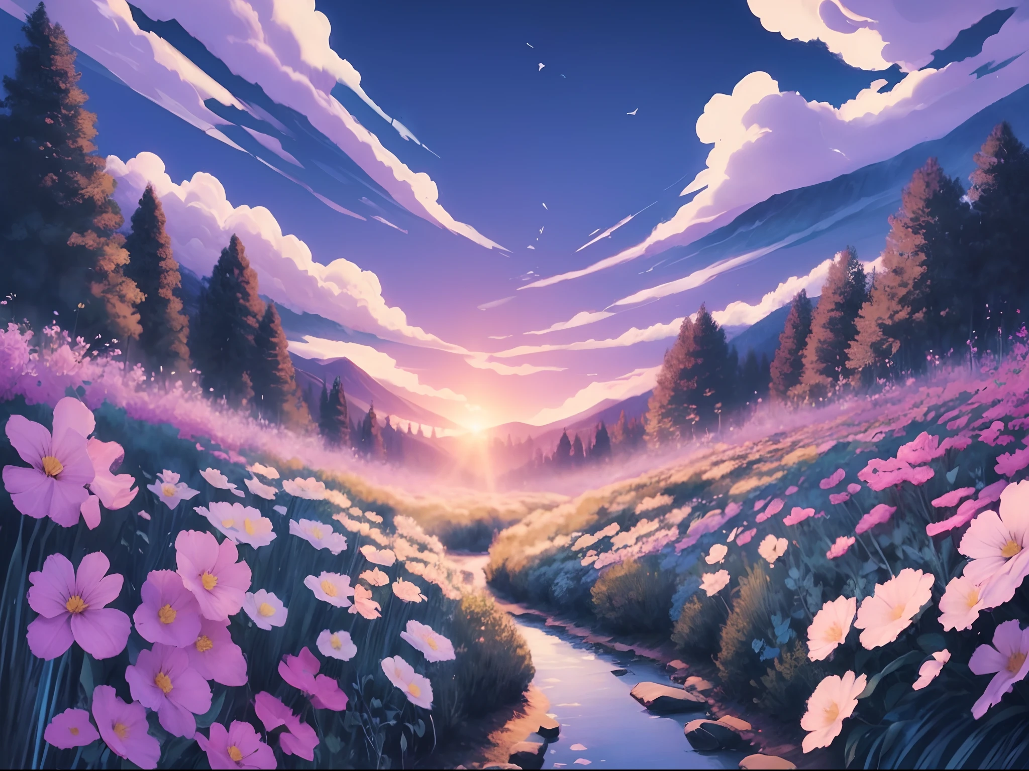 Forest valley surrounded by mountains with lilac and blue sky lights and pastel flowers