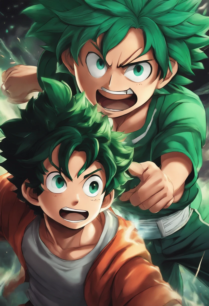 Make a drawing in which Midoriya from Boku no Hero fights Luffy from One Piecie.