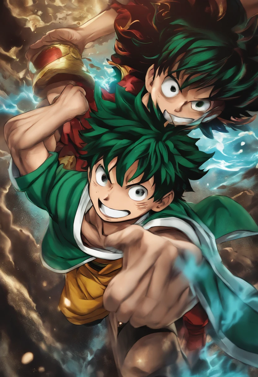 Make a drawing in which Midoriya from Boku no Hero fights Luffy from One Piecie.