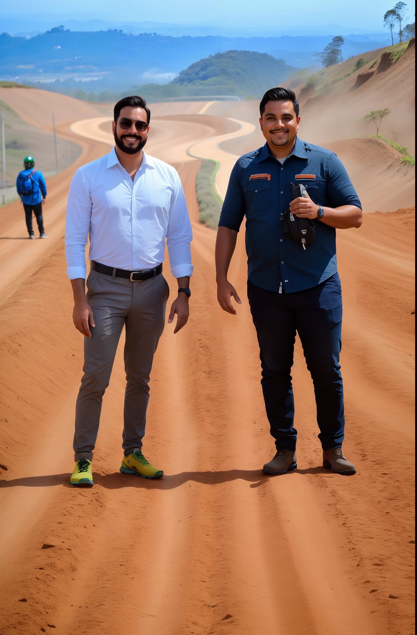 dois homens parados em uma estrada de terra com uma estrada de terra ao fundo, dois engenheiros no estilo pixar