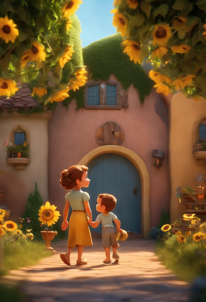 Create a Disney PIXAR-style 3D poster. ((centro da imagem, Triplets)), ((3 children)) ((1 menino no meio e 2 meninas ao lado, They're hugging each other, O menino tem pele castanha e cabelos castanhos escuros e olhos castanhos escuros, 1 menina tem pele clara, olhos e cabelos escuros e cacheados, e a outra menina tem pele morena, olhos escuros e cabelos escuros e lisos)) ((tudo isso no estilo Disney PIXAR 3D, In the background, A house of sunflowers, Gloria Studio, The garden is full of nature 3D render RTX clay material, estilo de design cartunesco, POP Mart, soft lighting, linhas suaves, Spring tilt, Detailed illustrations of PIXAR 3D, Detalhes hiper-realistas, cor quente no estilo Disney PIXAR 3D))