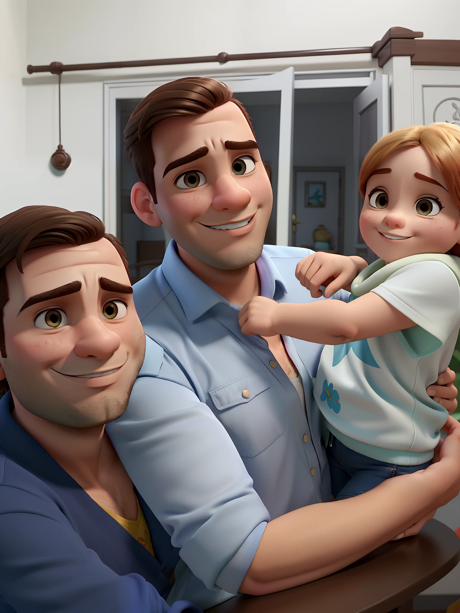 Casal (homem moreno, mulher moraena e filho moreno) no estilo Disney Pixar, alta qualidade, melhor qualidade.