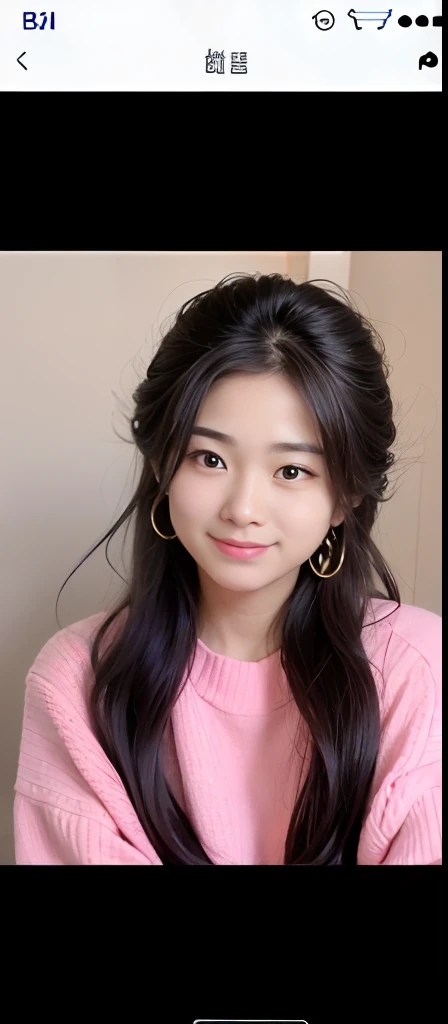 Close up of a man with long hair and pink sweater, Popular Korean makeup, popular korean makeup, with cute - fine - face, young lovely Korean faces, Chinese girl, south east asian with round face, young cute wan asian face, Cute natural anime face, xintong chen, Korean girl, small heart - shaped face, with round face,The smiling face shows 4 teeth