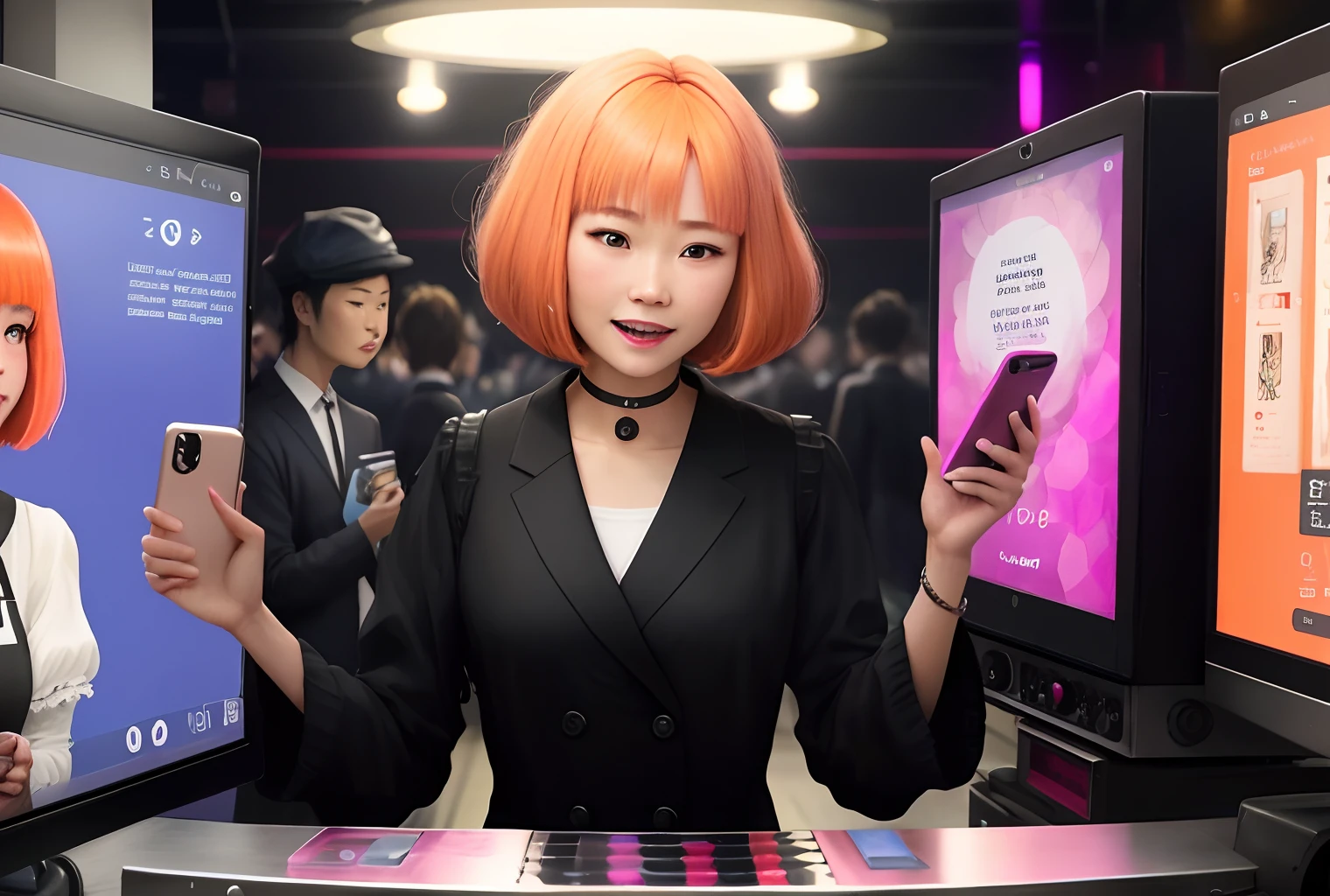Photo of a vibrant pink machine with 'feminization in progress' written on it. The interior is filled with high-tech makeup equipment. A orange haired Japanese cabaret club girl is inside, looking both upset and puzzled. She has a bob haircut. A young handsome boy's face is displayed on a side monitor of the machine. In the foreground, a cheerful woman captures the scene with her smartphone.