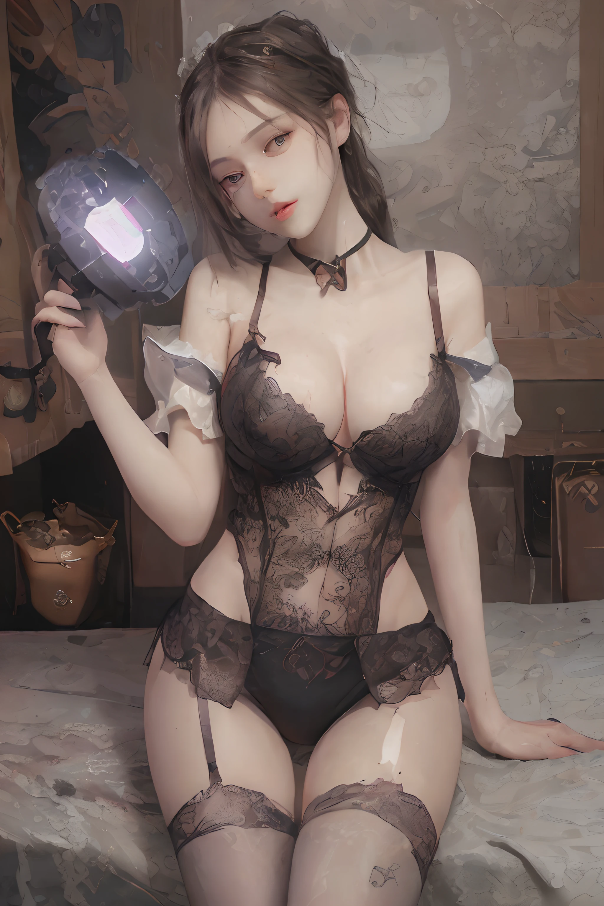 (Best Quality), ((Masterpiece), (Detail: 1.4), 3D, A Beautiful Cyberpunk Woman, HDR (High Dynamic Range), Ray Tracing, NVIDIA RTX, Super-Resolution, Unreal 5, Subsurface Scattering, PBR Textures, Post-Processing, Anisotropic Filtering, Depth of Field, Maximum Sharpness and Clarity, Multi-layer Textures, Albedo and Highlight Maps, Surface Shading, Accurate simulation of light-material interactions, perfect proportions, Octane Render, two-color light, large aperture, low ISO, white balance, rule of thirds, 8K RAW, lying in bed, seducing, mouth open, holding something, wearing a collar around the neck, being led, bitch, bitch, bitch, bitch, confused, shy, delicious, erotic, erotic lingerie, black lace, tongue out, learning to bark, lace shorts, bare waist, in bed, pressed, ambiguous, love, , , with both breasts exposed. Exposed, leaked,