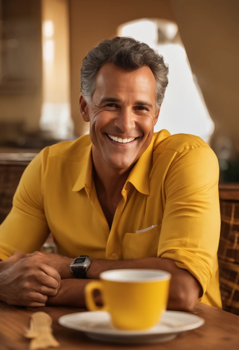 Estilo Pixar da Disney homem sorridente de camisa amarela sentado em uma mesa com um prato de comida, Jorge Pemba, Barry Qindsor-Smith, Homem de pele marrom com um sorriso gigante, foto de um homem, uma foto de um homem, ele tem cerca de 40 anos, ele tem cerca de 4 0 anos de idade, taken in the early 2020s