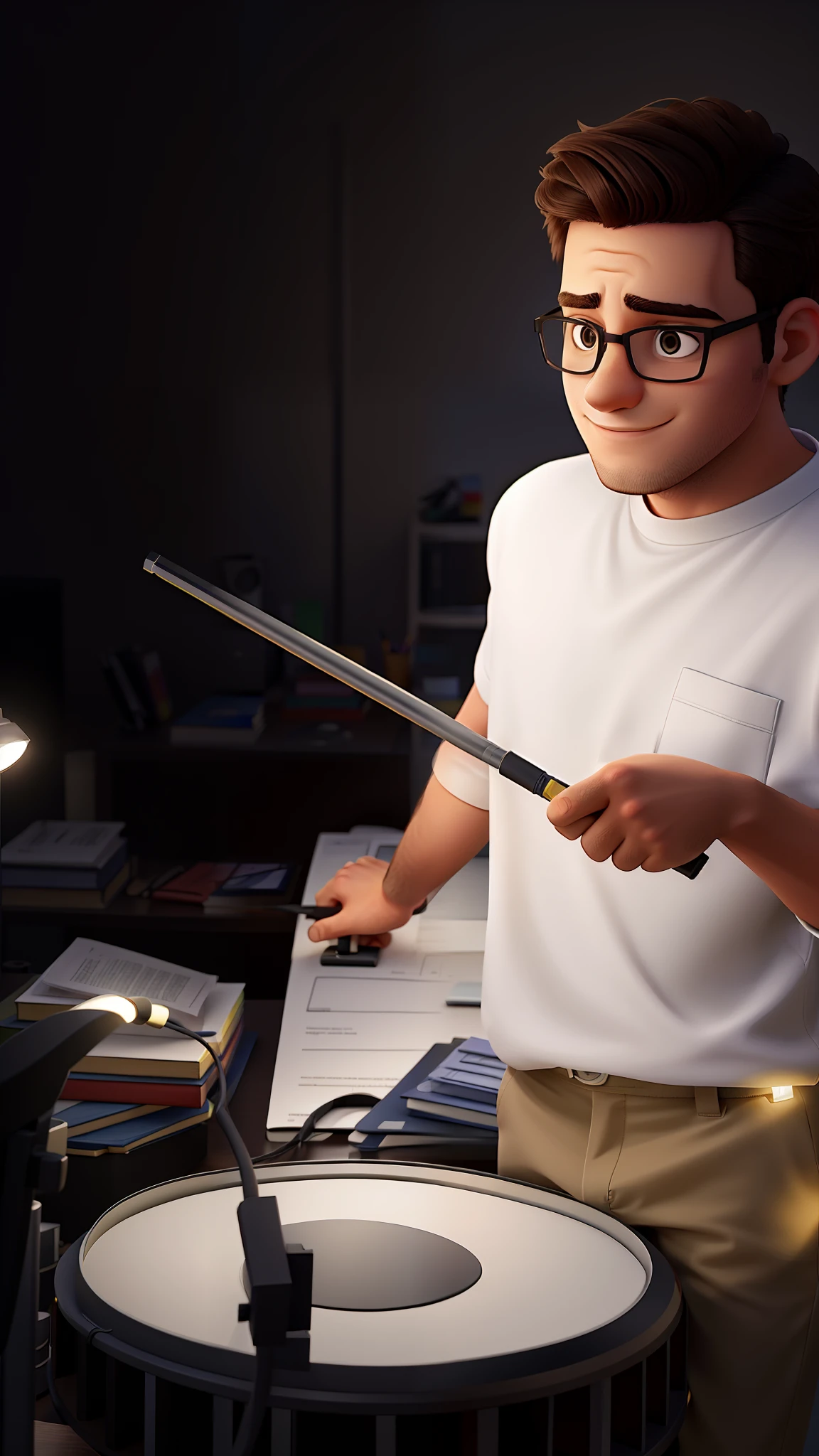 Um homem jovem parado na frente, illuminated by the light of a lamp, against the backdrop of an office