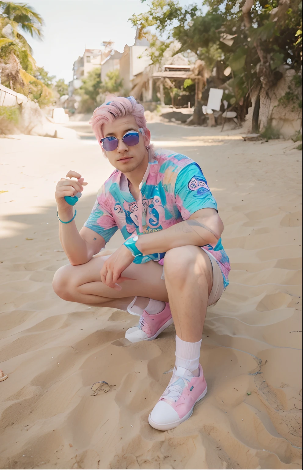 Aesthetic artwork, man, light pink hair, green eyes, messy hair, funny expression, blue t-shirt with unicorn logo, beach shorts, sneakers,