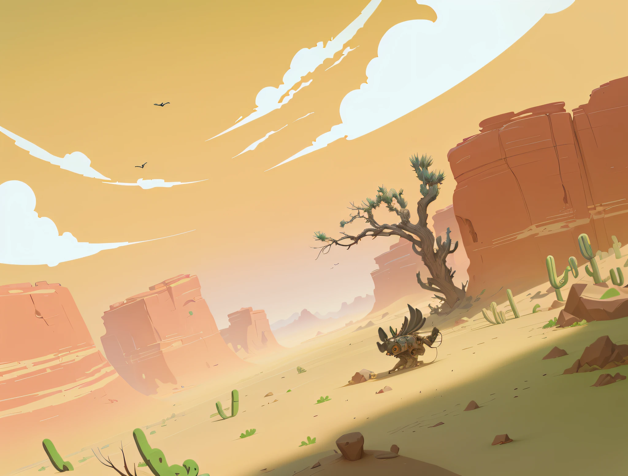 Desert cartoon scene with dead trees and birds,Bows and arrows are trapped in the care of animals,Crows fly in the sky,cacti, desert wasteland, arte de fundo, Desert environment, painted as a game concept art, background artwork, Stylized concept art, Stylized digital illustration, indie game concept art, Desolate. Digital illustration, concept-art, concept-art, finished concept art, Dusty environment, scenery game concept art