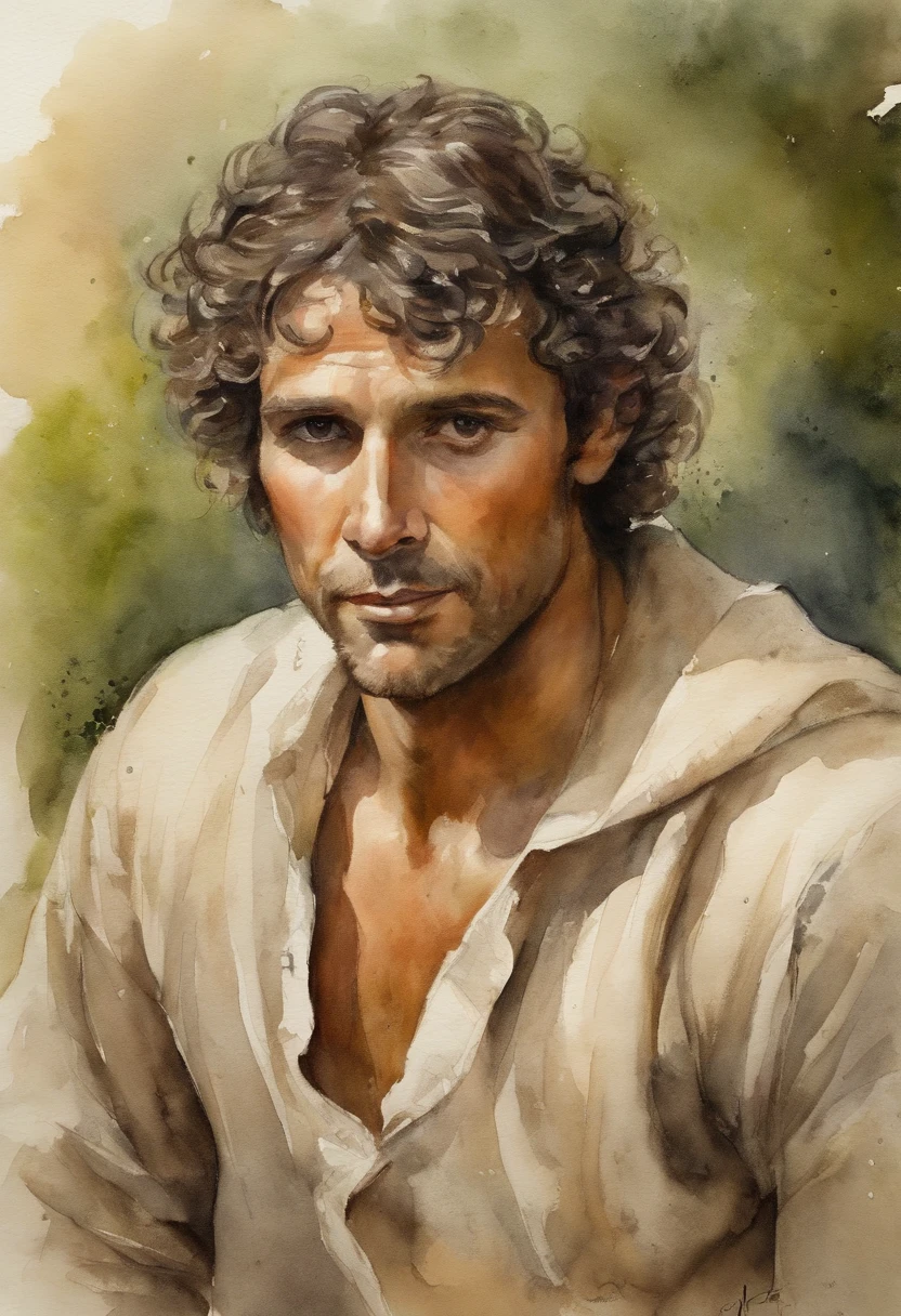 Detalhamento de caracteres, Man, hobbit, only one, without shoes, bare feet, short hair, corte de cabelo pixie, pelos nas pernas, cabo, hood on head, curly hair, pele clara, medieval, aventureiro, fantasia, cabelo de chocolate, capa verde escura, olhos castanhos, irritado, grande cicatriz na bochecha, espada no cinto, Pulseira de osso, (Cicatrizes), Muitas sombras, cores escuras, brown pants, camisa de leite,