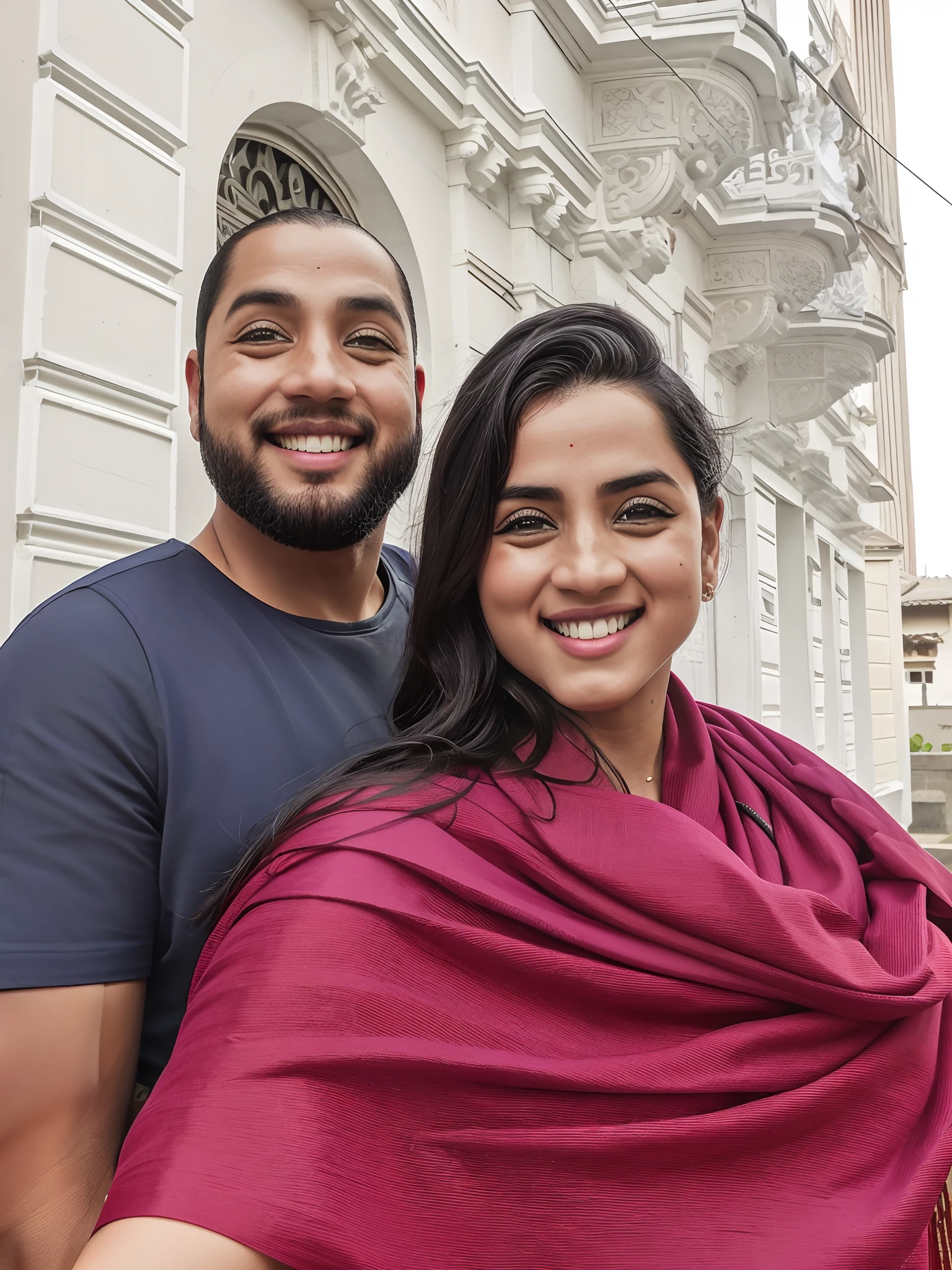 There is a man and a woman together outside a building, vestindo vestes jedi e um sari, Casal feliz, Ghutra e Egal, imagem promocional, par, casal sorridente, imagem de perfil, photo shoot, ligeiramente realista, foto promocional, both smiling for the camera, Sharandula, Photo Session, Directed by: Nandor Soldier, vacation photo