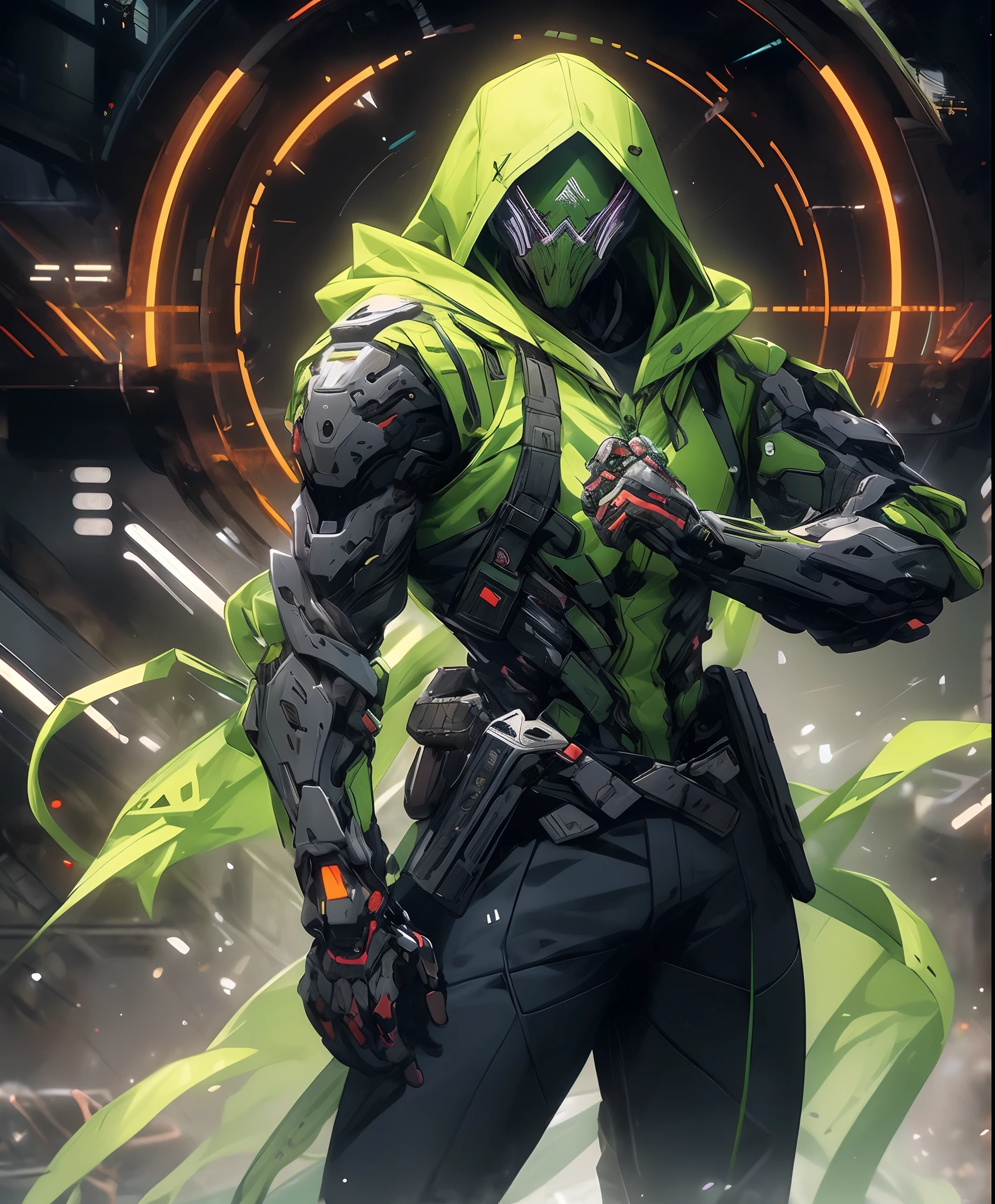 a man in a green jacket and black pants standing in a dark room, wearing cultist green robe, green attire, character from mortal kombat, as a character in tekken, fighting game character, cyberpunk assassin, green hooded mage, cyberpunk outfits, green clothes, the green ninja, wearing leather assassin armor, an edgy assassin, cool green jacket, cyberpunk street goon