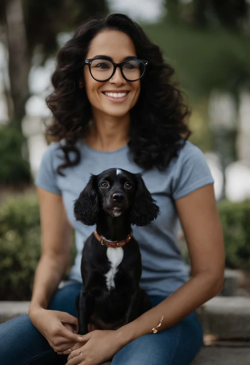 Pixar. Casal com um cachorro cocker spaniell preto com peito branco. A menina tem os cabelos loiros soltos, Camiseta cinza e jeans claro, black glasses. O menino de cabelos pretos com cabelos grisalhos bem curto, barba pequena, oculos, Dark blue jeans and gray t-shirt. They are both smiling and are 45 years old