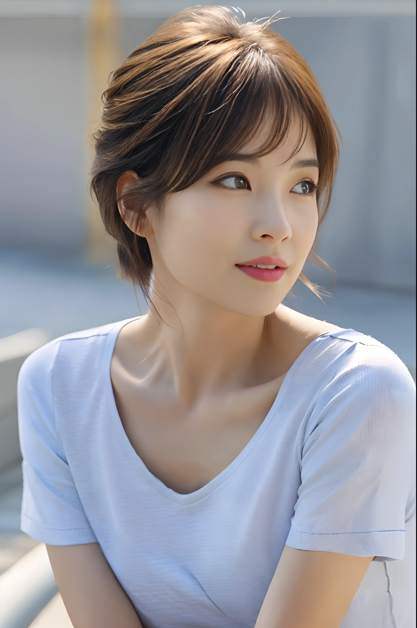 A Close Up Of A Woman With A White Shirt On Sitting On A Bench Seaart Ai