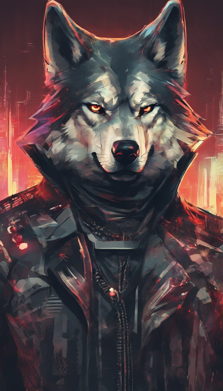 Black-haired wolf in costume. cigarette in his hand. Keep the collar of the garment closed，cyber punk perssonage，mirai