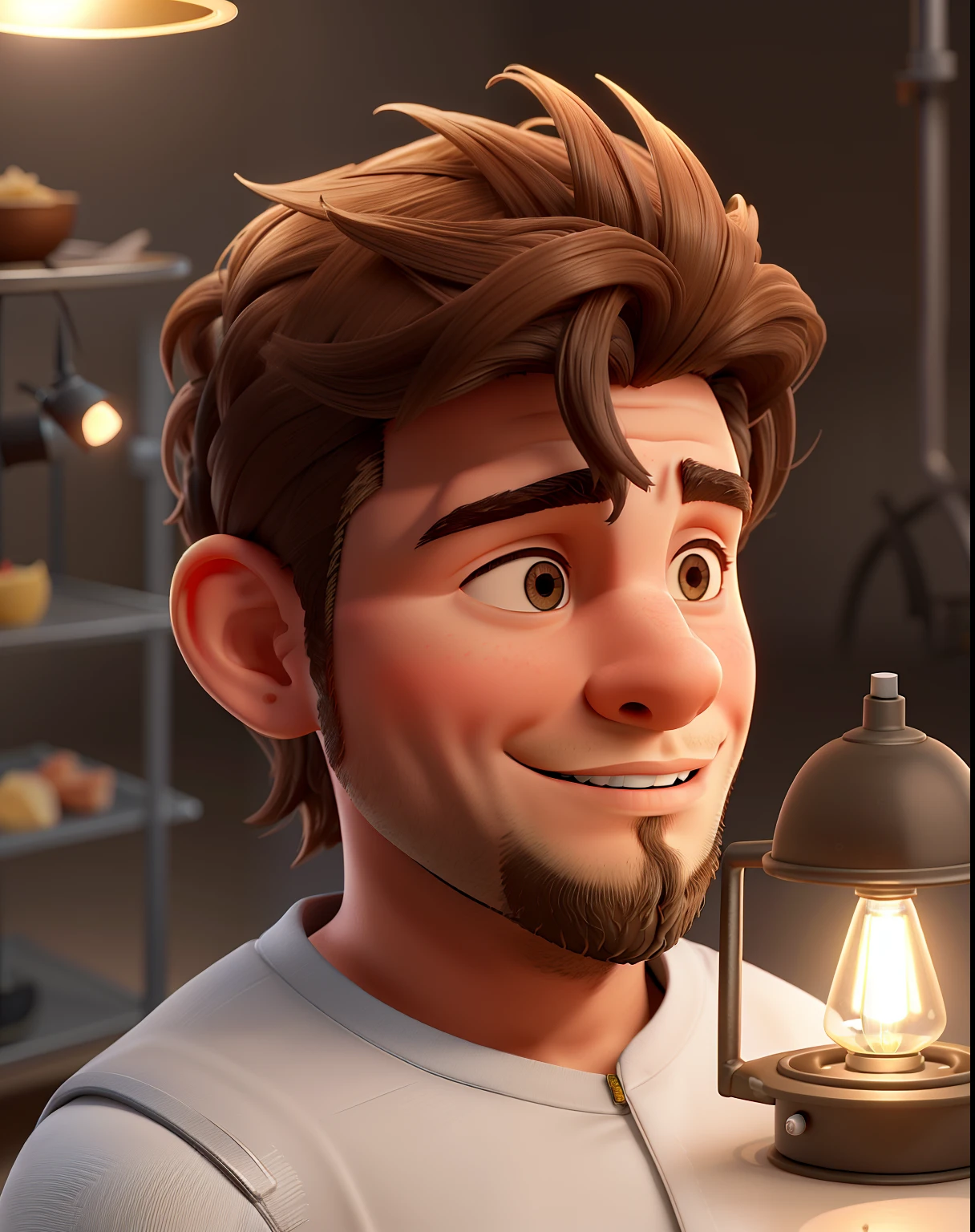 Um gordinho sem cabelo barbudo em volta de uma mesa de serralheria altura de 1,77, illuminated by the light of a lamp, Welded metal structure background of an industry