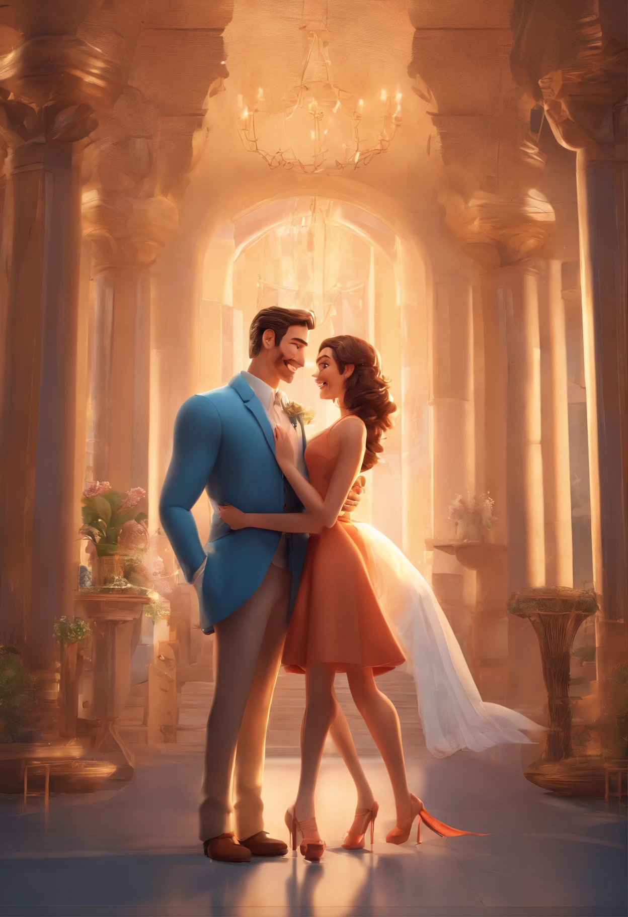 An illustration of an adorable couple, Spotlight on an athletic white man with brown eyes and a white woman with beautiful expressive eyes - the man's skin is white and he has curly hair, Woman's hair is curly, curro e castanho. They are a bright room, cada um com um sorriso no rosto, e compartilhar um momento especial caracterizado pelo amor, Insights. Illustrate this scene from a perspective where they are facing the camera, Smiling and Showing Your Connection. Desenvolva esta arte em Full HD, Focus on your cinematic touch, Estilo Disney Pixar Animations, Couple is in their wedding