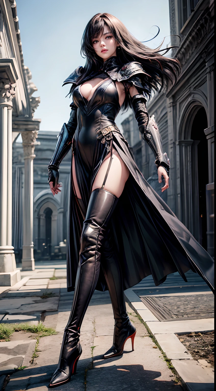 Pretty women, 20yr old,Solo,Japanese,Black dress Armor,high heels boots,Full body portrait,Female Warrior,Slender body,holding swords,robe,Manteau,Perfect face and nice perfect face, Surreal concept, 8K resolution, photographic quality, Walk through the ruins, Photorealistic,A detailed eye,Diagonal angle