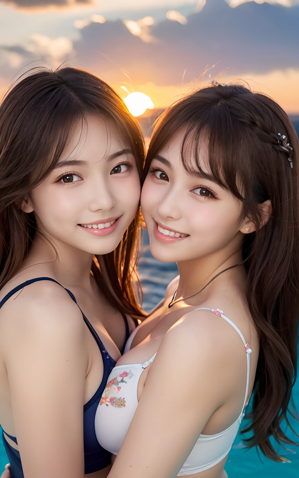 photorealistic, close up, From below, top quality, masterpiece, 16 K, High resolution, close up, 2 girls in, blush, beautiful hair of light brown color, beautiful brown eyes, swim wears, plump breasts, Japanese idol, Smile, Sunset Classroom, They are hugging each other,