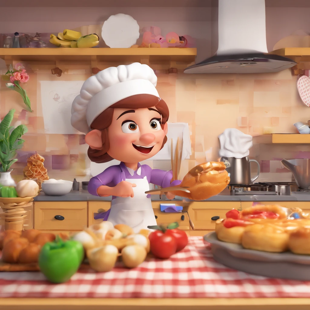 Crie uma cena de desenho animado  estilo 3d -Pixar, Onde uma mulher, de cabelos lisos castanhos com 35 anos de idade, She's cooking dressed as a pastry chef.