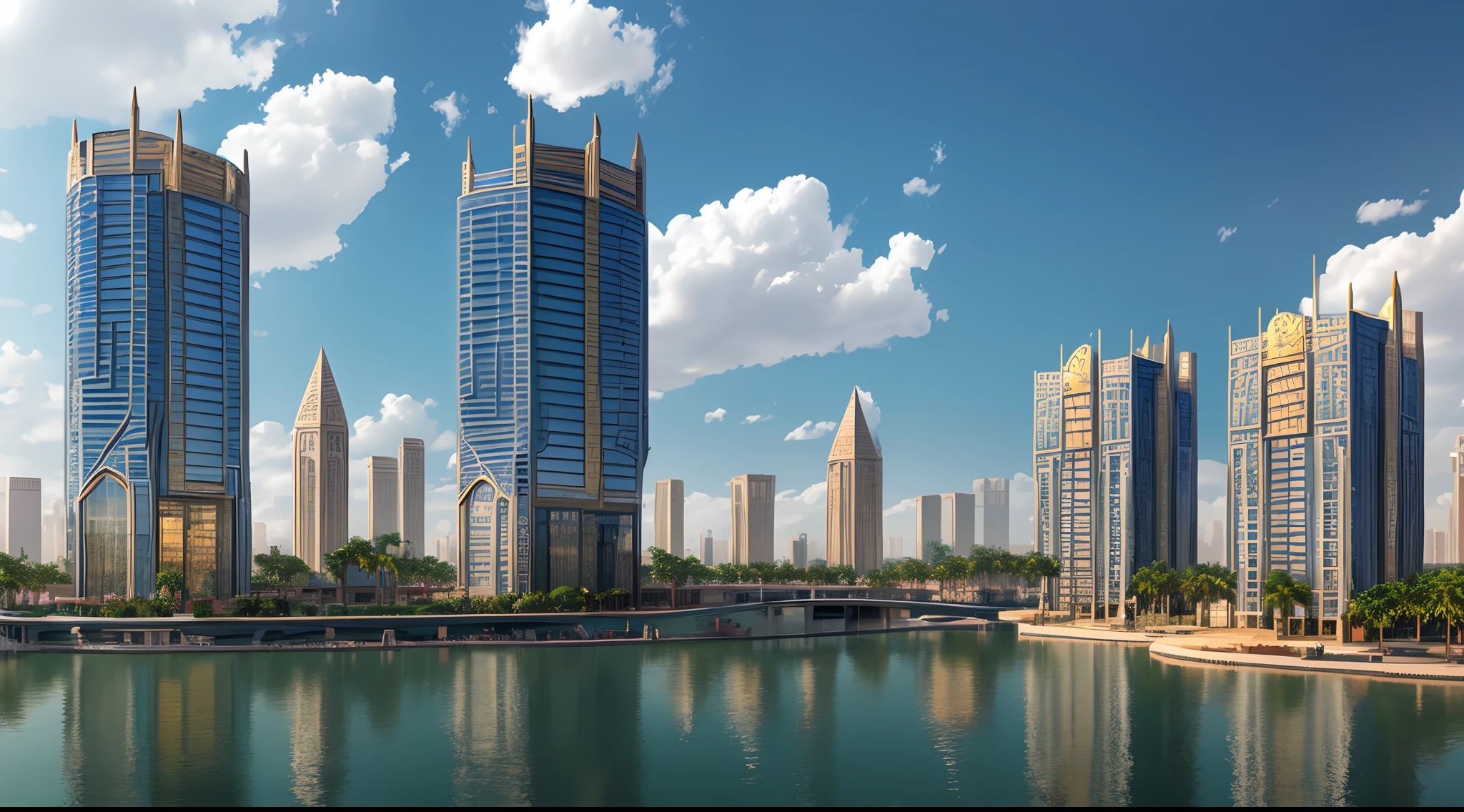 realistic, Civilization, modern Egyptian architecture, year 2023, two towers connected by a bridge in the middle, the Nile River and Egyptian prints, architectural display, steel facades covered with reflective glass, in the background a sunny day and a sky with clouds of shadows. --auto --s2
