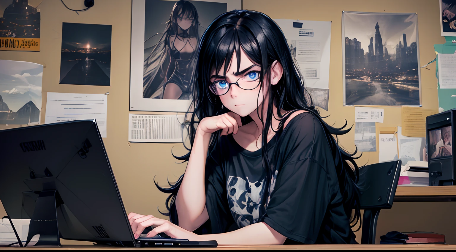 Neon glow, directional lighting, highres, masterpiece, 8k, (dark blue eyes with dark circles), tired, annoyed expression, sitting at a desk in front of a laptop computer, hunched posture, black hair, (messy hair), long greasy hair, sweaty, disheveled, unwashed, thick eyebrows, worn dirty t shirt, (wearing glasses), wearing headphones, (dark messy bedroom), (walls covered in detailed posters), multiple tangled black electrical cables, led lights, plushies, nighttime