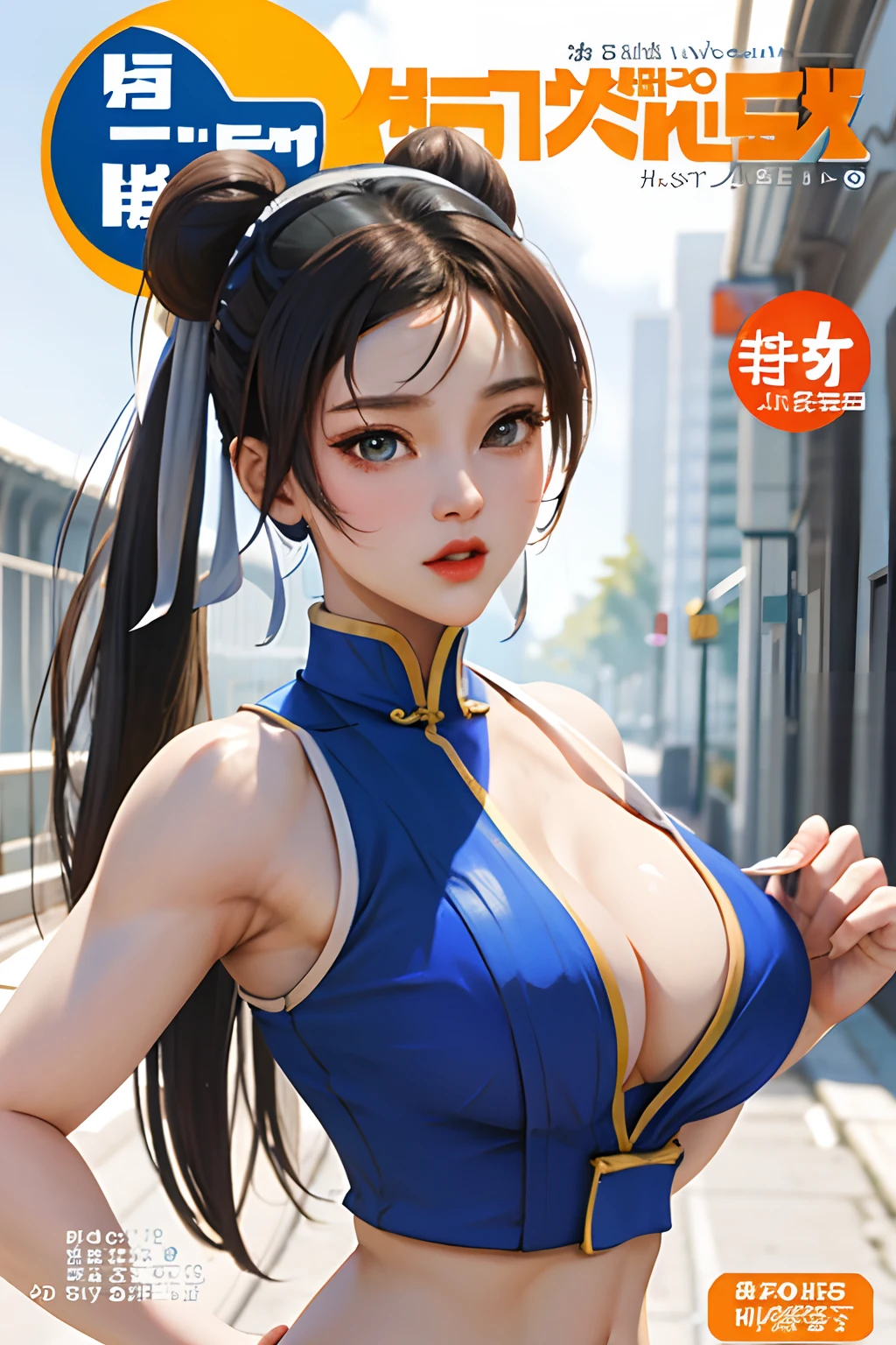 masterpiece, best quality, spring outfit, colorful hair, outdoor, magazine cover ,upper body, ((Chun-li)) Chun-li of street fighter. good hands, big breast,