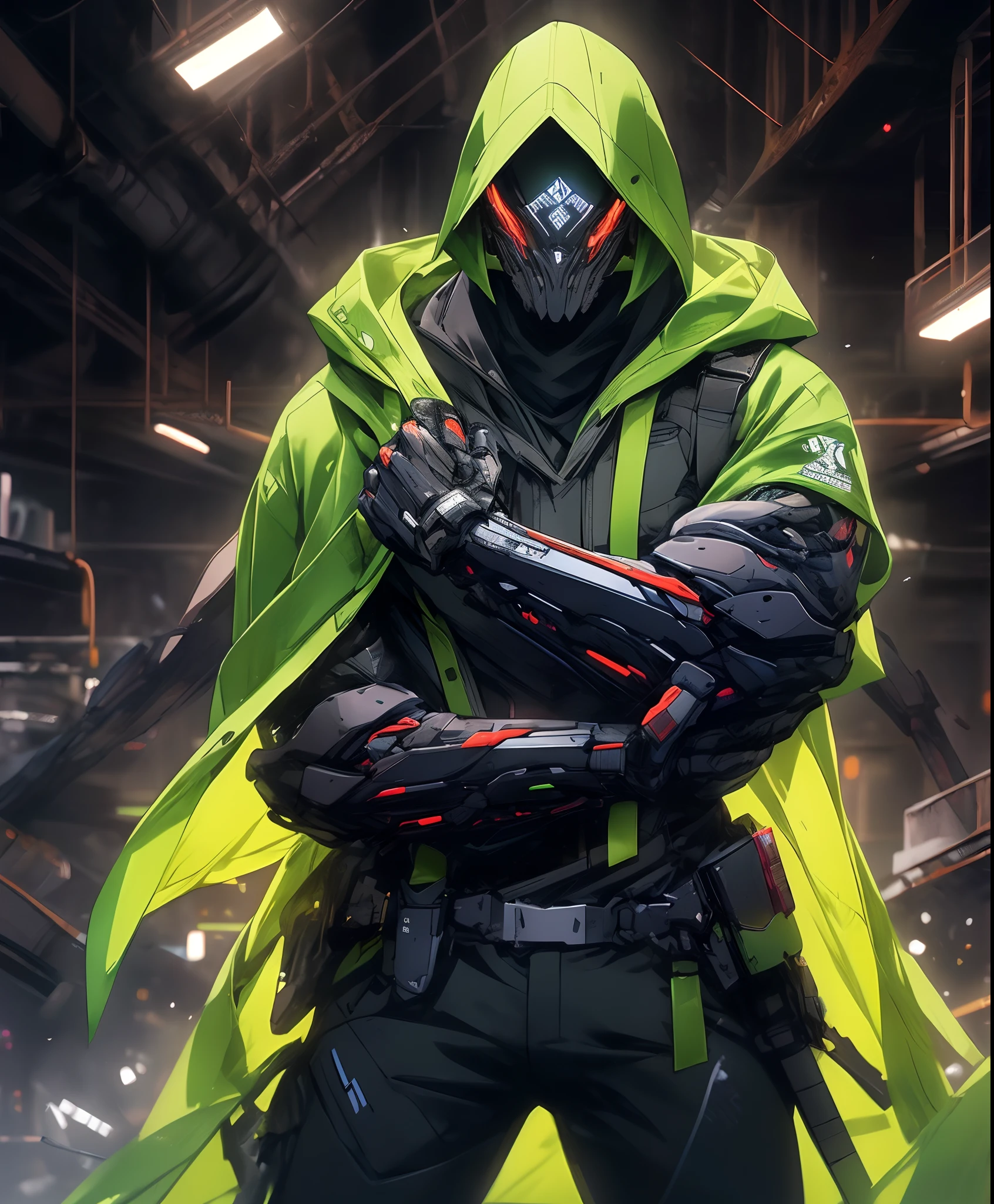 a man in a green jacket and black pants standing in a dark room, wearing cultist green robe, green attire, character from mortal kombat, as a character in tekken, fighting game character, cyberpunk assassin, green hooded mage, cyberpunk outfits, green clothes, the green ninja, wearing leather assassin armor, an edgy teen assassin, cool green jacket, cyberpunk street goon