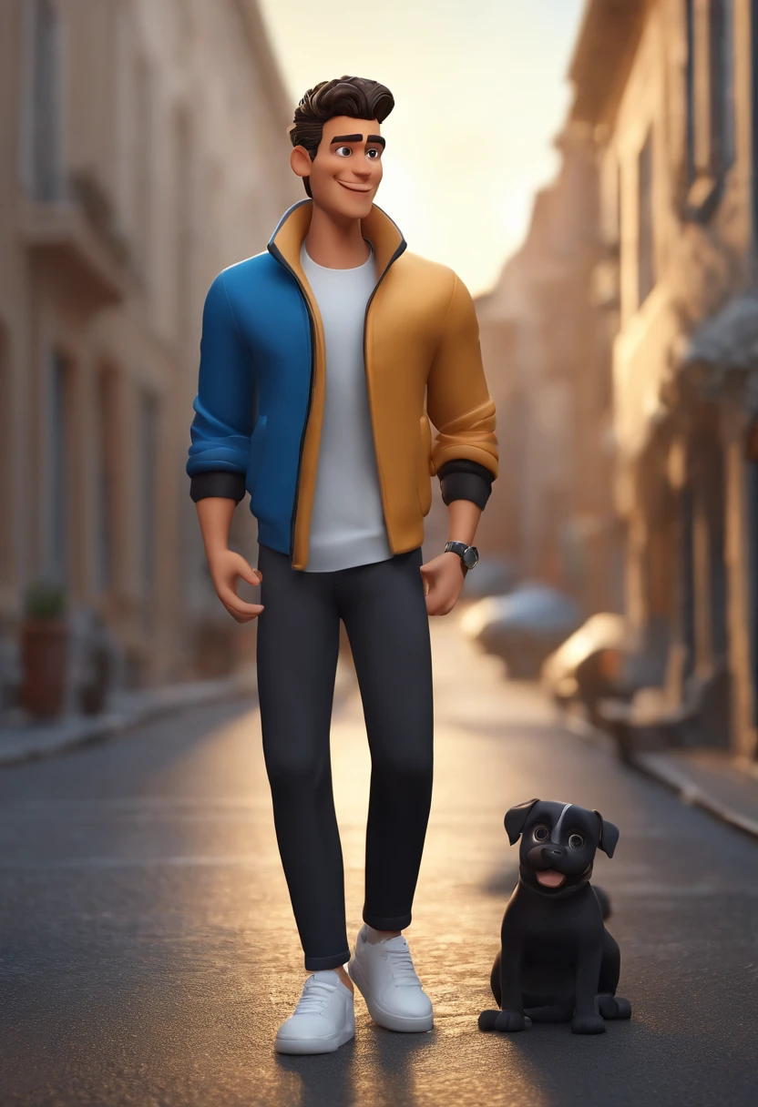 Cartoon character of a light-skinned young man, white, hair black and short and curly, thin, wearing a blue jacket, white shirt, black pant, white sneakers, paisagem arborizada, com carros, um personagem animado, Caractere estilizado, animation style rendering, 3D estilizado, Arnold Maya render, 3 d render stylized, toon render keyshot, Personagem 3D, Personagem 3D, 3d rendering stylized, 3 d character render, personagem de desenho animado, Personagem de close up, Pose de personagem, (Estilo Pixar) (master part:1.2) (Bokeh) (melhor qualidade) (pele detalhada) (textura detalhada) (8k) (argila) (Cinematic lighting) (foco nítido,Senta e vaza a parte superior do corpo