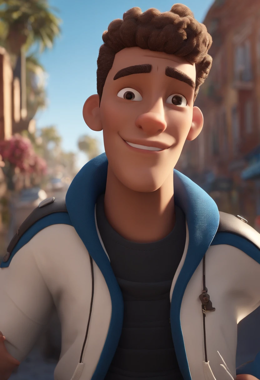 Cartoon character of a light-skinned young man, white, hair black and short and curly, thin, wearing a blue jacket, white shirt, black pant, white sneakers, paisagem arborizada, com carros, um personagem animado, Caractere estilizado, animation style rendering, 3D estilizado, Arnold Maya render, 3 d render stylized, toon render keyshot, Personagem 3D, Personagem 3D, 3d rendering stylized, 3 d character render, personagem de desenho animado, Personagem de close up, Pose de personagem, (Estilo Pixar) (master part:1.2) (Bokeh) (melhor qualidade) (pele detalhada) (textura detalhada) (8k) (argila) (Cinematic lighting) (foco nítido,Senta e vaza a parte superior do corpo