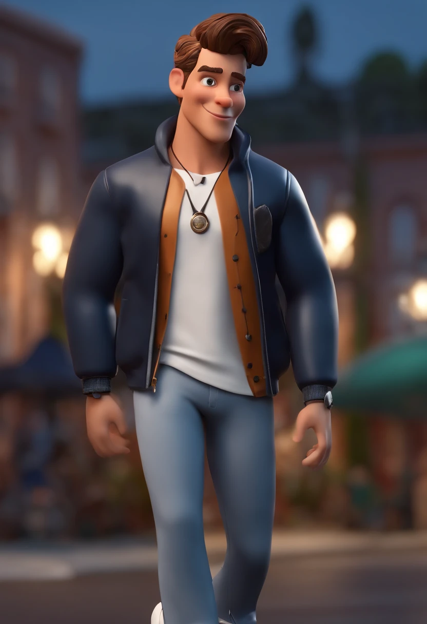 Cartoon character of a light-skinned young man, white, hair black and short and curly, thin, wearing a blue jacket, white shirt, black pant, white sneakers, paisagem arborizada, com carros, um personagem animado, Caractere estilizado, animation style rendering, 3D estilizado, Arnold Maya render, 3 d render stylized, toon render keyshot, Personagem 3D, Personagem 3D, 3d rendering stylized, 3 d character render, personagem de desenho animado, Personagem de close up, Pose de personagem, (Estilo Pixar) (master part:1.2) (Bokeh) (melhor qualidade) (pele detalhada) (textura detalhada) (8k) (argila) (Cinematic lighting) (foco nítido，Senta e vaza a parte superior do corpo