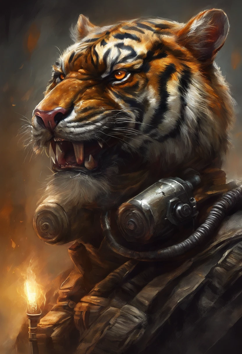 qualidade superior, dramatic lighting, menacing pose, olhar feroz, epic atmosphere, (((tiger head shaped helmet))), (((tiro de corpo inteiro))),tigres feitos de metal, Ciborgues, estilo cyberpunk, mechnical, ((detalhes intrincados)), NFFSW, ((detalhes intrincados, Hiperdetalhes)), incandescent bulbs, Cinematic Shot, vinheta, bokeh efeito beckground, (dogs), (tiro de corpo inteiro).