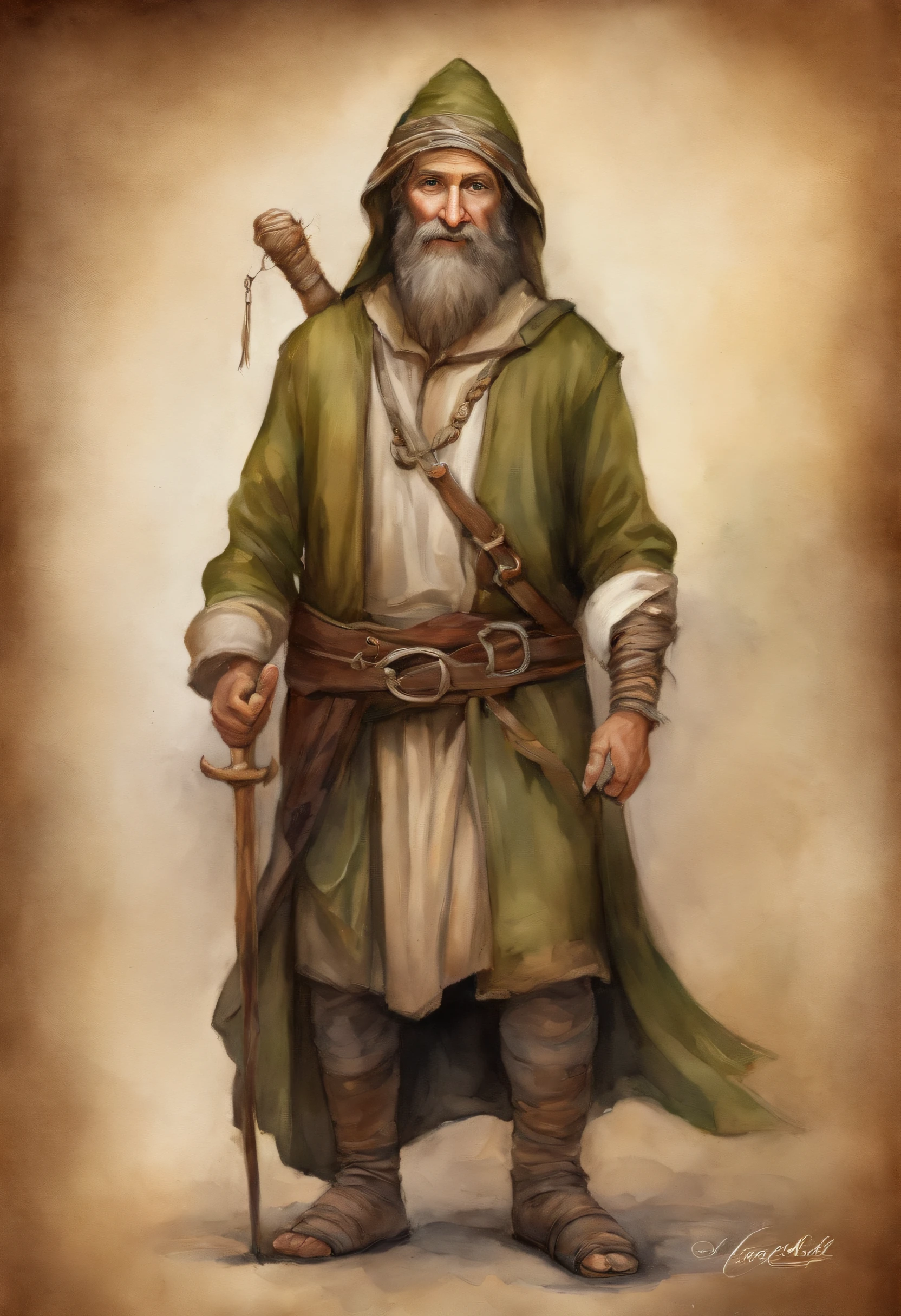 Detalhamento de caracteres, Man, hobbit, only one, without shoes, bare feet, short hair, corte de cabelo pixie, pelos nas pernas, cabo, hood on head, curly hair, pele clara, medieval, aventureiro, fantasia, cabelo de chocolate, capa verde escura, olhos castanhos, irritado, grande cicatriz na bochecha, espada no cinto, Pulseira de osso, (Cicatrizes), Muitas sombras, cores escuras, brown pants, camisa de leite,