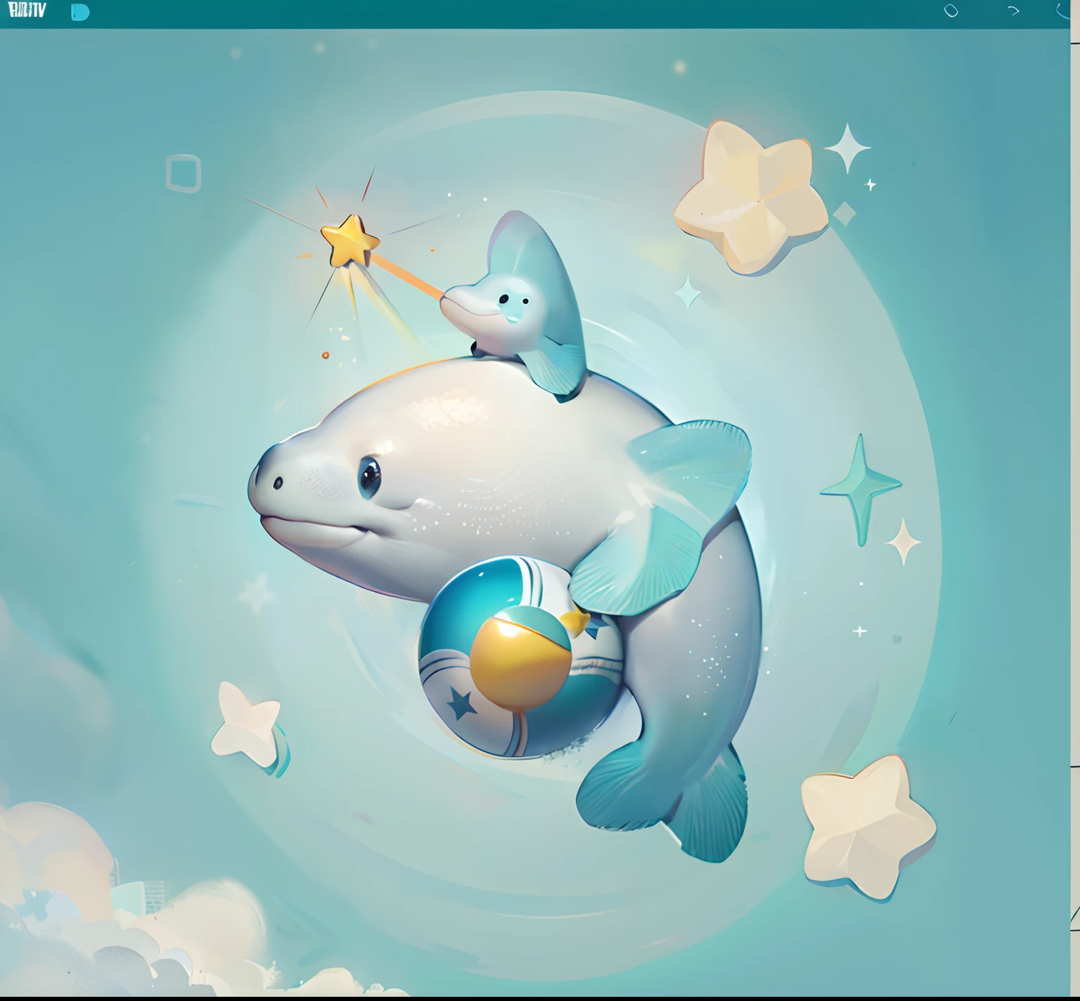 There is a cartoon dolphin with a star on its head, anthropomorphic turtle，stereograms，No background，Just that dolphin，As well as its stereoscopic triple view