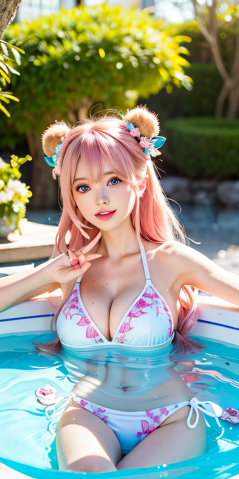 (8K, 4K, Best Quality, High Definition: 1.2), (Masteristic, Realistic, Photoreal: 1.37), 1 girl, Solo, Beautiful face, blue eyess、Eyelashes, Nose, Glossy lips, (Fine eyes, Beholder, Fair skin, White skin: 1.5), fine complexion, Upper body, Swimsuit, maikurobikini、Patterned Bikini
big, Big, (: 1.5),
outdoor bath,
ridiculously long hair, Blonde hair, Pink hair, Bangs, 2 sides up,
年轻, old, The shape of the fingers is beautiful, Areola visible、randome pose、