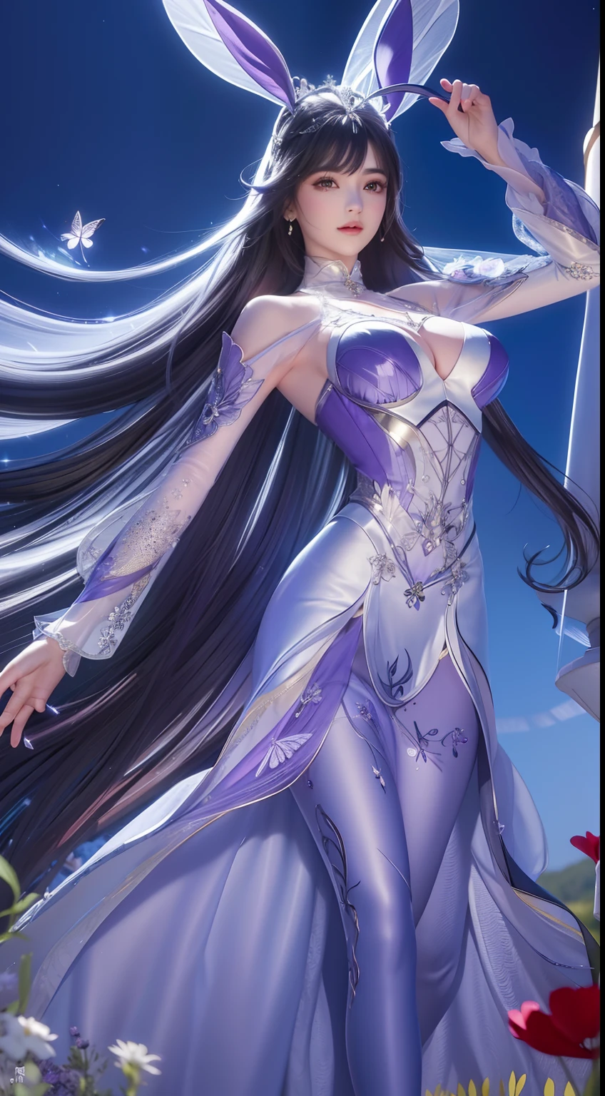 (masterpiece), best quality, ray tracing, best quality, sharp focus, ultra detailed, high resolution, 8k, UHD, ultra-detailed, ((masterpiece)), ((best quality)), (perfect proportions), elaborate features, extremely detailed, detailed face, perfect hands, perfect face, perfect body, beautiful, beautiful detailed eyes, ultra-detailed, masterpiece face, 1 woman, solo, full body shot, fairy, windy black hair, bright purple eyes, glowing aura in the eyes, black corset with silver lace, jewelry, bright jeweled tiara, long purple dress, knee length skirt, black lace choker, long sleeves with sholder pads, purple stockings with lace, black high heels shoes, flying pose, huge blue and black butterfly wings, dark forest background, lots of dark tiny butterflies flying around, field of purple and black flowers,rabbit ears,long dress,long hair, hair