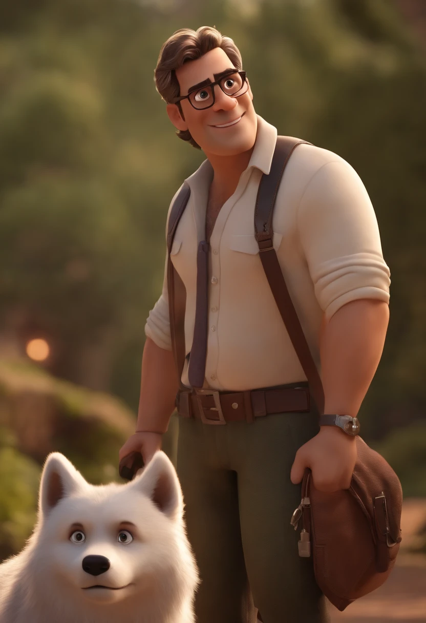 Pixar 3D inspirado na Disney capturando uma cena com um homem com seus 35 anos mulato completamente careca e sem barba, with manly biotype, Wearing an aviator-style prescription glasses, passeando na rua com seu lobo adulto de pelo todo branco e olhos azuis. He's excitedly petting his wolf, mostrando a sua felicidade.