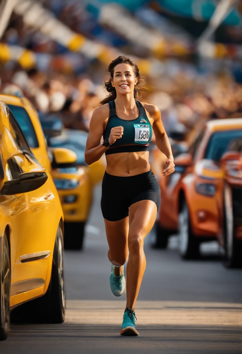 Generate an image of the woman achieving a personal goal, How to cross the finish line of a marathon or start your own business.