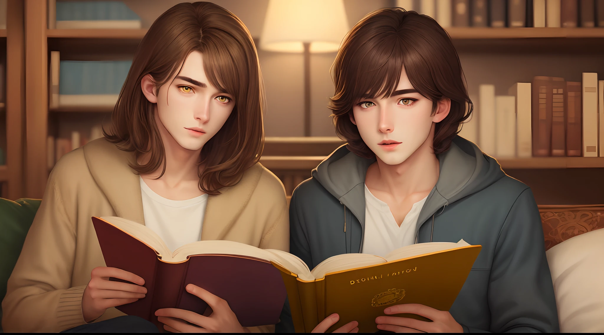 Brown hair bob and yellow eyes
Reading a book