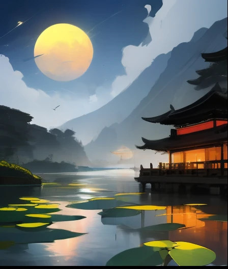 masterpiece, best quality, Chinese martial arts style, an Asian night scene with lanterns and water lilies, Asian lagoon with lanterns and boats night scene with many lights and boats on the water, lake surface, lotus flowers, beautiful night scene, ((Chinese martial arts style)))), with vast sky, continuous mountains and steep cliffs, inkwashing style, contour light, atmospheric atmosphere, depth of field, rising mist, bamboo, pine trees, octagonal stone pavilion, waterfall running water, large full moon, (No color), Monochrome, light color,