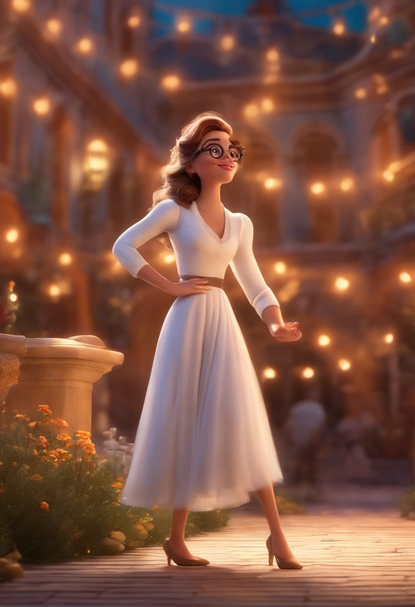 "(best quality,ultra-detalhado,Realistic:1.37),3D rendering,illustration,design de personagens,cabelos curtos e cacheados escuros,belos olhos detalhados,wearing white glasses,Estilo Pixar,morena mulher,Dancing on the Disney stage,atmosfera animada,vivid colors,luzes de palco,expression joyful"
