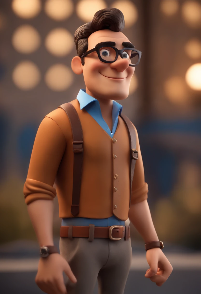 Cartoon character of a man with black glasses, cabelo cacheado marrom escuro e uma camisa azul, animation character, Caractere estilizado, animation style rendering, 3D estilizado, Arnold Maya render, 3 d render stylized, toon render keyshot, Personagem 3D, Personagem 3D, 3d rendering stylized, 3 d character render, personagem de desenho animado, Personagem de close up, Pose de personagem,  (Estilo Pixar) (master part:1.2) (Bokeh) (best quality) (pele detalhada) (textura detalhada) (8k) (argila) (Cinematic lighting) (foco nítido