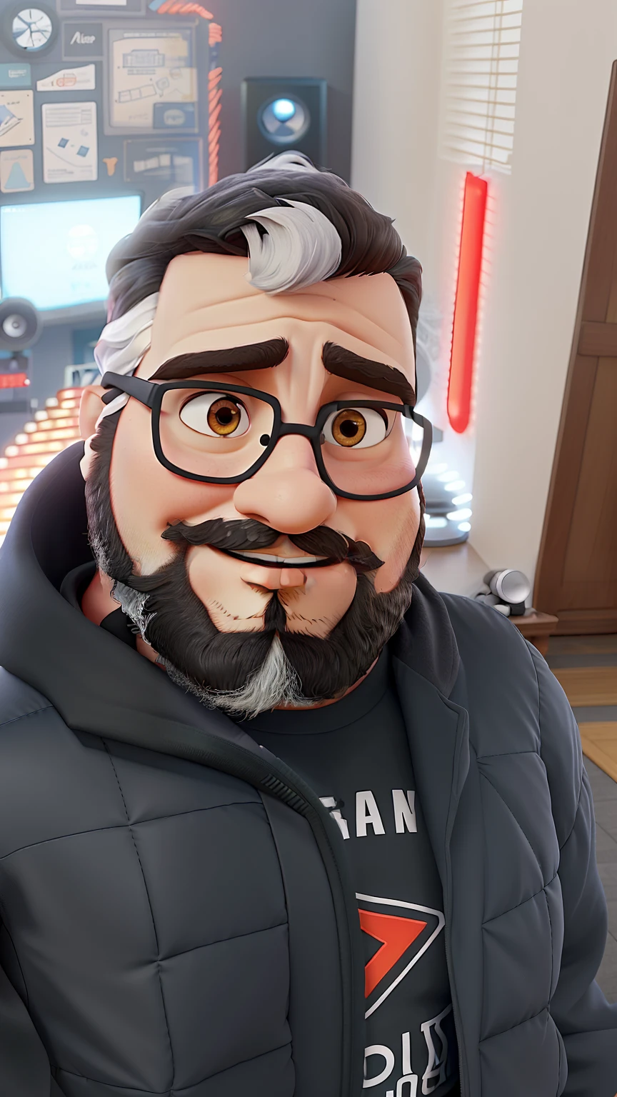 Pode melhorar barba mais rala com uns fios brancos, Make the full body appearing white red shoes. Man stands on black background on a speaker-like stage with microphone in one hand and book in the other in Disney pixar style best quality, maior qualidade.