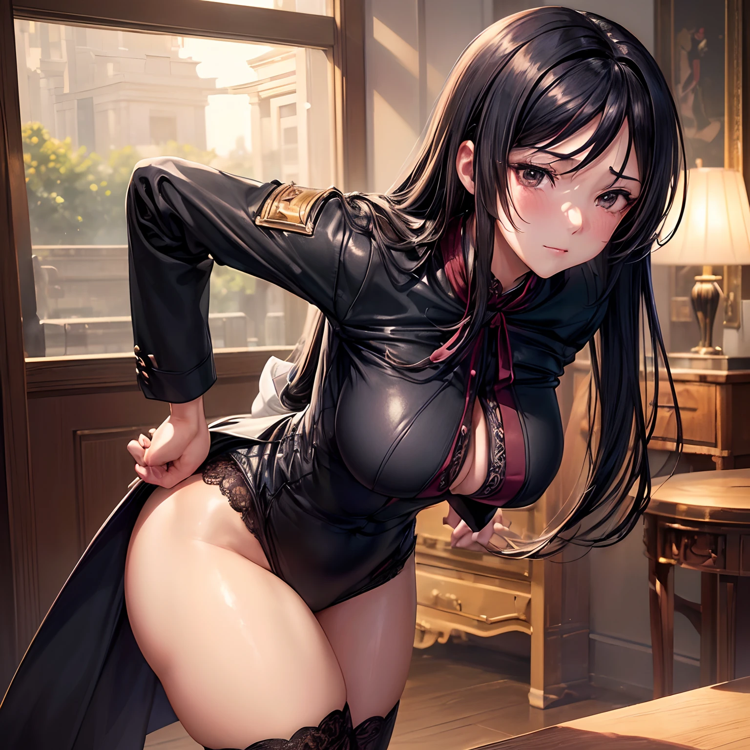 NSFW, (masutepiece, Best Quality, photographrealistic:1.4), (Shiny skin), (32K UHD Wallpapers, High resolution), Perfect Anatomy, Cinematic lighting, Physically-based rendering, Award-winning, highlydetailed skin, extra detailed face, Eyes with beautiful details, Carl Zeiss 85mm F/1.4, BREAK, (1:23-year-old girl,Straight long hair with black hair,Soft,Bullish appearance:1.3),(Women's brand suits with tight fit,Modest,Black tight skirt,Sexy thighs:1.1),(Surrounded by antique furniture:1.2),A slight smil、wretched、Sexy Pantyhose,独奏,Full body painting,(One Girl And One Man,Doing work:1.5),(ember,Adult male,wears a suit,Rubbing the girl's boobs:1.2),Cheek dyeing、gasping face、embarrassed、boredom、begging、Unhappy、Greedy expression、Kissing,A glimpse of lace underwear