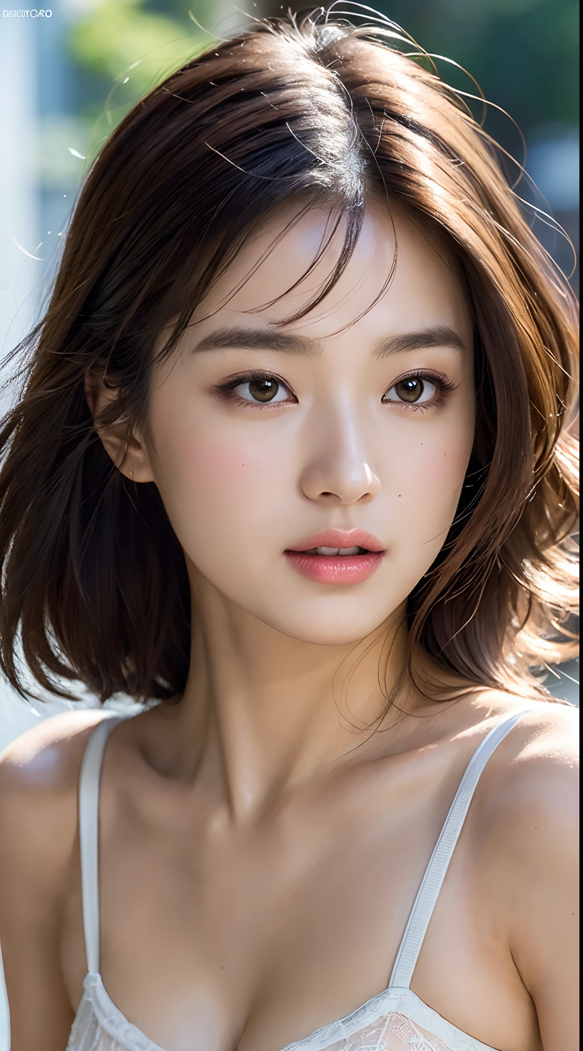 Random Posture, Mix4, (8k, RAW Photo, Best Quality, Masterpiece: 1.2), (Realistic, Photorealistic: 1.37), One Girl, Beautiful, Beauty, Cityscape, Daytime, Professional Lighting, Photon Mapping, Radiosity, Physically Based Rendering, Black Hair, Gradient, Short Curly, Handsome, Girl, Top Quality Images, High Resolution, 1080p, (clear face), (detailed facial description), (detailed hand description), (masterpiece), (exquisite CG), extreme light and shadow, unkempt hair, master work, rich details, (fine facial features), (highest quality image), (masterpiece), (detailed eyes), looking ahead with eyes, fine collarbone, silver lingerie, big, big breasts, full body