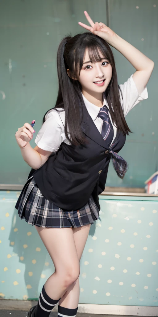 female high-school student、Good Style、A dark-haired、Schoolgirl Uniform、Idol face、large full breasts、、a miniskirt、theme park