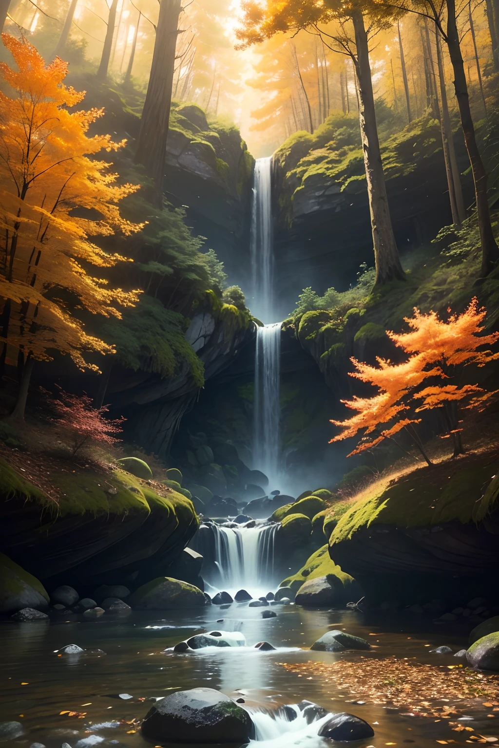 (best quality,4k,8k,highres,masterpiece:1.2),ultra-detailed,(realistic,photorealistic,photo-realistic:1.37),beautiful autumn forest,serene waterfall,mossgrown,twisting stairway,sunlight filtering through autumn leaves,viewed from the riverbank,subtle blue autumn sky,warm golden rays of sunlight/filters streaming through the trees,dappled shadows,quiet tranquility,misty atmosphere,peaceful ambient sounds,crisp air,soothing sound of flowing water,gently flowing stream,nature's symphony of colors and textures,majestic trees with vibrant red, orange, and yellow foliage,rustling leaves,fallen leaves carpeting the forest floor,tall, slender tree trunks,leaves fluttering in the breeze,sound of rustling leaves,ethereal beauty,serenity in nature,deep sense of calm,nature's magical painting,breathtaking landscape,perfect harmony between man-made and natural elements,seamless integration of the stairway into the forest,balance of nature's serenity and human intervention,tranquil oasis amidst the wilderness,surreal fusion of man-made and organic forms,serene meeting point between earth and water,whispering secrets of the forest,hidden treasures waiting to be discovered,inviting pathway to explore,spiritual sanctuary in the heart of nature,soul-soothing sanctuary,haven of tranquility,captivating symphony of nature's elements,nature's masterpiece,serene escape from the world's chaos.