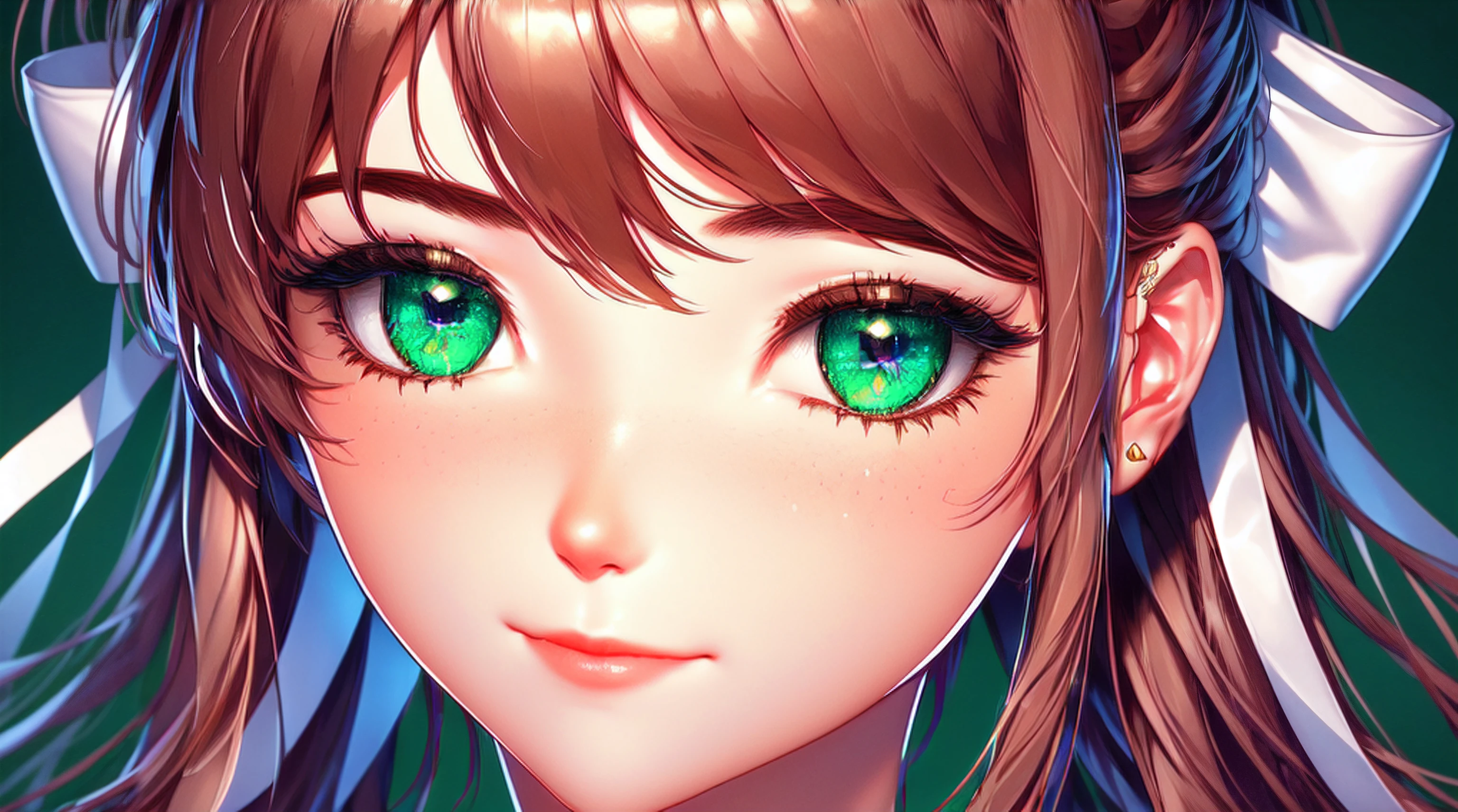 Monika, confident and welcoming expression, thin rosy lips forming a gentle smile, oval face with prominent cheekbones, small and straight nose, well-defined eyebrows, side-swept bangs brushing the forehead, large white ribbon tied into a bow on the right side of the head, long brown hair with slightly wavy ends, bright emerald green eyes