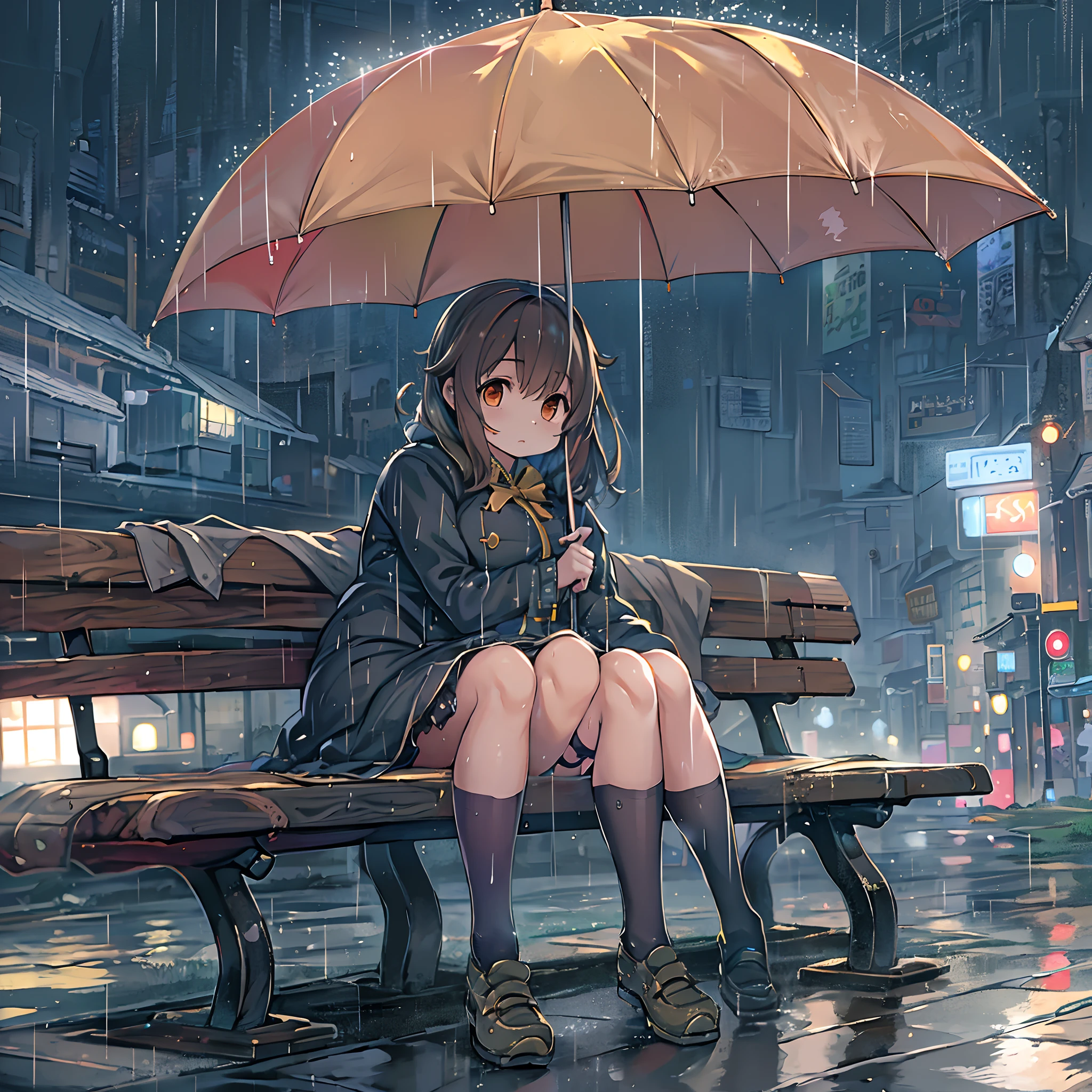 (((masterpiece))), ((best quality)), detailed, solo, (1girl),lingerie, stockings,(rain),raincoat,hat,sitting on the bench,hands in pockets