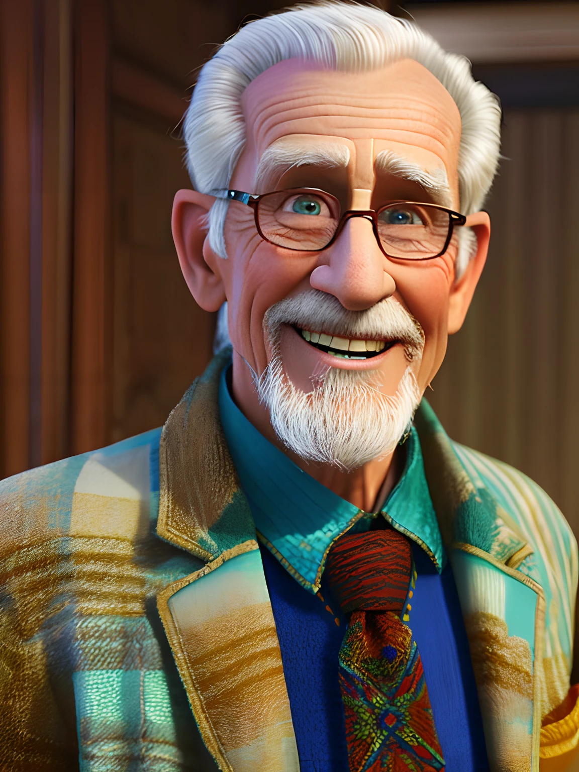 Pixarstyle A waist-high portrait of an elderly man with social clothes, smile, natural skin texture, 4K textures, HDR, intricate, highly detailed, sharp focus, cinematic look, hyper-detailed
